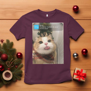 Funny Cat Christmas T Shirt Ring There is Motion at Your Front Door Meme Xmas Tree TS10 Maroon Print Your Wear