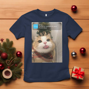 Funny Cat Christmas T Shirt Ring There is Motion at Your Front Door Meme Xmas Tree TS10 Navy Print Your Wear