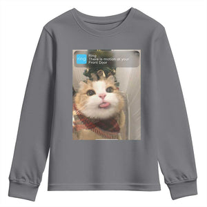 Funny Cat Christmas Youth Sweatshirt Ring There is Motion at Your Front Door Meme Xmas Tree TS10 Charcoal Print Your Wear