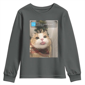 Funny Cat Christmas Youth Sweatshirt Ring There is Motion at Your Front Door Meme Xmas Tree TS10 Dark Heather Print Your Wear
