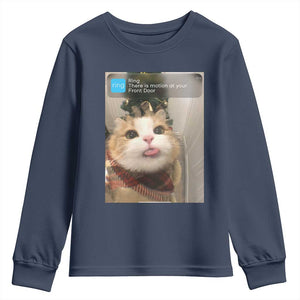 Funny Cat Christmas Youth Sweatshirt Ring There is Motion at Your Front Door Meme Xmas Tree TS10 Navy Print Your Wear