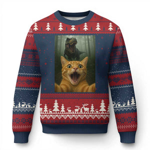 Cat Selfie With Dinosaur Ugly Christmas Sweater Funny Cat Gifts TS10 Navy Red Print Your Wear