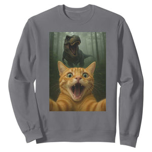 Cat Selfie With Dinosaur Sweatshirt Funny Cat Gifts TS10 Charcoal Print Your Wear