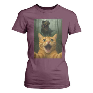 Cat Selfie With Dinosaur T Shirt For Women Funny Cat Gifts TS10 Maroon Print Your Wear