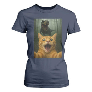 Cat Selfie With Dinosaur T Shirt For Women Funny Cat Gifts TS10 Navy Print Your Wear
