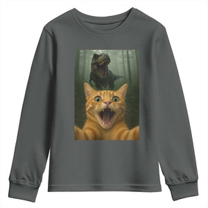 Cat Selfie With Dinosaur Youth Sweatshirt Funny Cat Gifts TS10 Dark Heather Print Your Wear