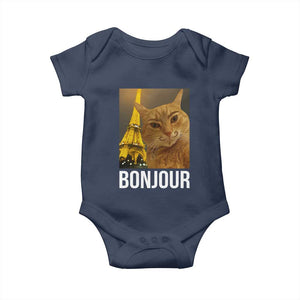 Funny Cat Bonjour Baby Onesie Paris France Eiffel Tower Orange Cat Meme TS10 Navy Print Your Wear