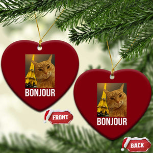Funny Cat Bonjour Ceramic Ornament Paris France Eiffel Tower Orange Cat Meme - Print Your Wear