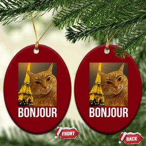 Funny Cat Bonjour Ceramic Ornament Paris France Eiffel Tower Orange Cat Meme - Print Your Wear