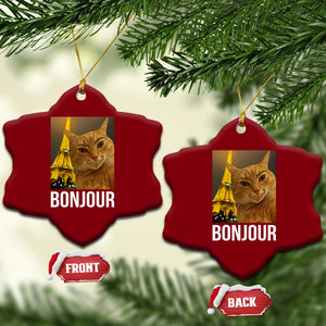 Funny Cat Bonjour Ceramic Ornament Paris France Eiffel Tower Orange Cat Meme - Print Your Wear