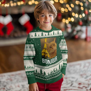 Funny Cat Bonjour Ugly Christmas Sweater Paris France Eiffel Tower Orange Cat Meme TS10 Forest Green Beige Print Your Wear