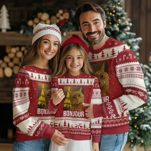 Funny Cat Bonjour Ugly Christmas Sweater Paris France Eiffel Tower Orange Cat Meme TS10 Red Beige Print Your Wear