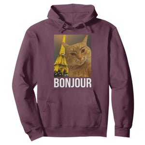 Funny Cat Bonjour Hoodie Paris France Eiffel Tower Orange Cat Meme TS10 Maroon Print Your Wear