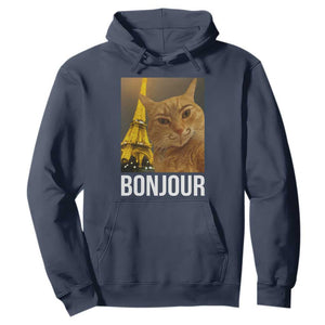 Funny Cat Bonjour Hoodie Paris France Eiffel Tower Orange Cat Meme TS10 Navy Print Your Wear