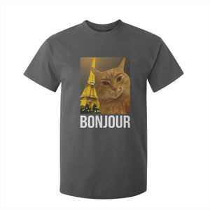 Funny Cat Bonjour T Shirt For Kid Paris France Eiffel Tower Orange Cat Meme TS10 Dark Heather Print Your Wear