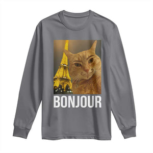 Funny Cat Bonjour Long Sleeve Shirt Paris France Eiffel Tower Orange Cat Meme TS10 Charcoal Print Your Wear
