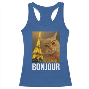 Funny Cat Bonjour Racerback Tank Top Paris France Eiffel Tower Orange Cat Meme TS10 Royal Blue Print Your Wear