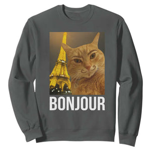 Funny Cat Bonjour Sweatshirt Paris France Eiffel Tower Orange Cat Meme TS10 Dark Heather Print Your Wear