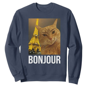 Funny Cat Bonjour Sweatshirt Paris France Eiffel Tower Orange Cat Meme TS10 Navy Print Your Wear