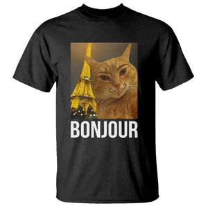 Funny Cat Bonjour T Shirt Paris France Eiffel Tower Orange Cat Meme TS10 Black Print Your Wear