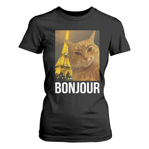 Funny Cat Bonjour T Shirt For Women Paris France Eiffel Tower Orange Cat Meme TS10 Black Print Your Wear