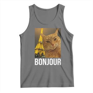 Funny Cat Bonjour Tank Top Paris France Eiffel Tower Orange Cat Meme TS10 Black Heather Print Your Wear