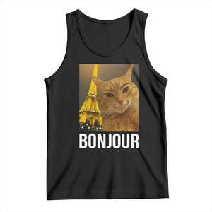 Funny Cat Bonjour Tank Top Paris France Eiffel Tower Orange Cat Meme TS10 Black Print Your Wear
