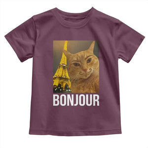 Funny Cat Bonjour Toddler T Shirt Paris France Eiffel Tower Orange Cat Meme TS10 Maroon Print Your Wear