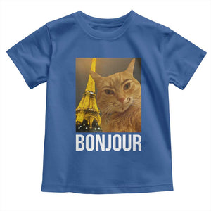 Funny Cat Bonjour Toddler T Shirt Paris France Eiffel Tower Orange Cat Meme TS10 Royal Blue Print Your Wear