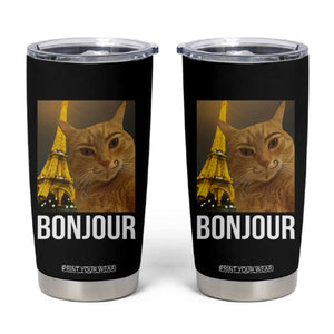 Funny Cat Bonjour Tumbler Cup Paris France Eiffel Tower Orange Cat Meme TS10 Black Print Your Wear
