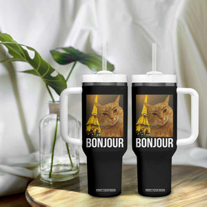 Funny Cat Bonjour Tumbler With Handle Paris France Eiffel Tower Orange Cat Meme TS10 Print Your Wear