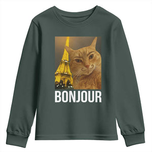Funny Cat Bonjour Youth Sweatshirt Paris France Eiffel Tower Orange Cat Meme TS10 Dark Forest Green Print Your Wear