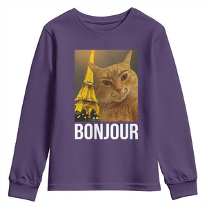 Funny Cat Bonjour Youth Sweatshirt Paris France Eiffel Tower Orange Cat Meme TS10 Purple Print Your Wear