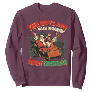 The Boys Are Back in Town Christmas Sweatshirt Funny Santa Jesus TS10 Maroon Print Your Wear