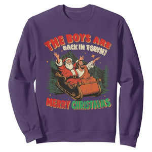 The Boys Are Back in Town Christmas Sweatshirt Funny Santa Jesus TS10 Purple Print Your Wear