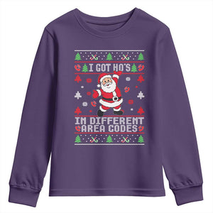 Funny Santa Ugly Christmas Youth Sweatshirt I Got Hos in Different Area Codes TS10 Purple Print Your Wear