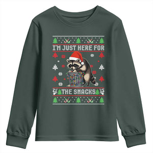 Funny Raccoon Ugly Christmas Youth Sweatshirt I'm Just Here for The Snacks Cute Trash Panda TS10 Dark Forest Green Print Your Wear