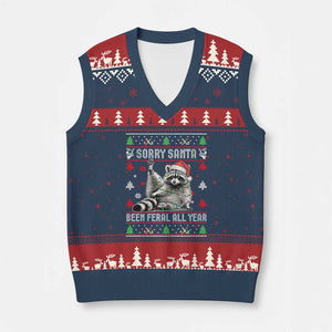 Funny Raccoon Ugly Xmas V-Neck Knit Sweater Vest Cute Trash Panda Sorry Santa Been Feral All Year TS10 Navy Red Print Your Wear