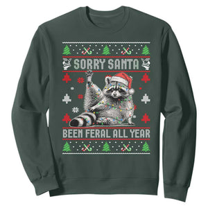 Funny Raccoon Ugly Christmas Sweatshirt Cute Trash Panda Sorry Santa Been Feral All Year TS10 Dark Forest Green Print Your Wear