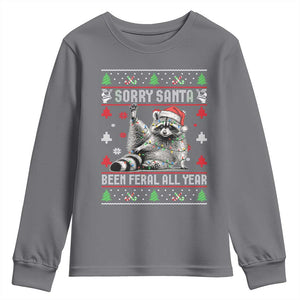 Funny Raccoon Ugly Christmas Youth Sweatshirt Cute Trash Panda Sorry Santa Been Feral All Year TS10 Charcoal Print Your Wear