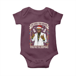 Funny Christmas Diddy Baby Onesie He Sees You When Youre Sleeping Dirty Xmas Lights TS10 Maroon Print Your Wear