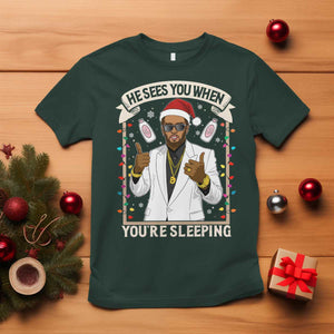 Funny Christmas Diddy T Shirt He Sees You When Youre Sleeping Dirty Xmas Lights TS10 Dark Forest Green Print Your Wear