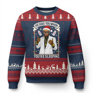 Funny Xmas Diddy Ugly Christmas Sweater He Sees You When Youre Sleeping Dirty Xmas Lights TS10 Navy Red Print Your Wear