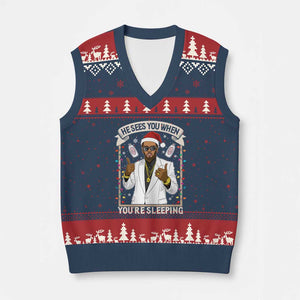 Funny Xmas Diddy V-Neck Knit Sweater Vest He Sees You When Youre Sleeping Dirty Xmas Lights TS10 Navy Red Print Your Wear