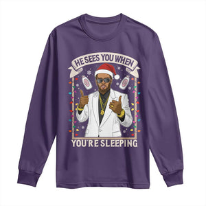 Funny Christmas Diddy Long Sleeve Shirt He Sees You When Youre Sleeping Dirty Xmas Lights TS10 Purple Print Your Wear
