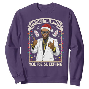 Funny Christmas Diddy Sweatshirt He Sees You When Youre Sleeping Dirty Xmas Lights TS10 Purple Print Your Wear