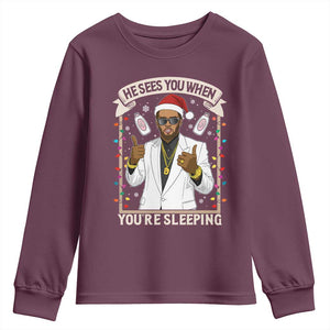 Funny Christmas Diddy Youth Sweatshirt He Sees You When Youre Sleeping Dirty Xmas Lights TS10 Maroon Print Your Wear