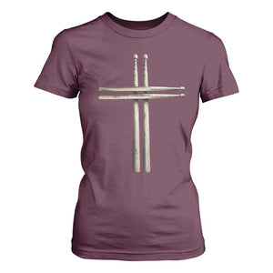 Christian Drummer T Shirt For Women Drumstick Cross Rock Music Lover Gift TS10 Maroon Print Your Wear