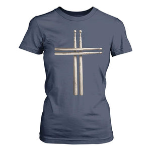 Christian Drummer T Shirt For Women Drumstick Cross Rock Music Lover Gift TS10 Navy Print Your Wear