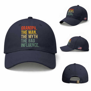 Funny Grandpa Baseball Cap Retro Man Myth Bad Influence Best Funny Fathers Day TS10 Baseball Cap Universal Fit Navy Print Your Wear